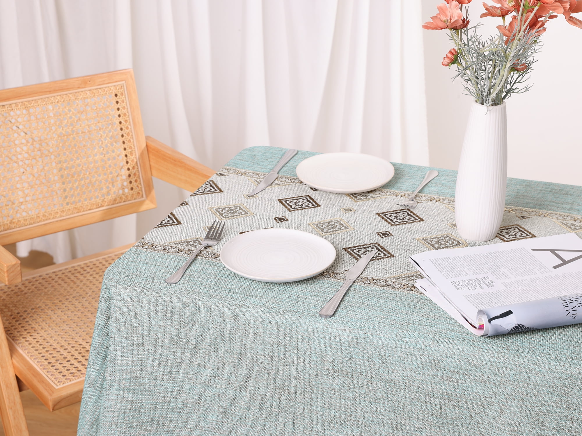 Unique Bargains Rustic Tablecloth Cotton Linen Waterproof Table Cover with Tassels, Checkered Green 55"x71"
