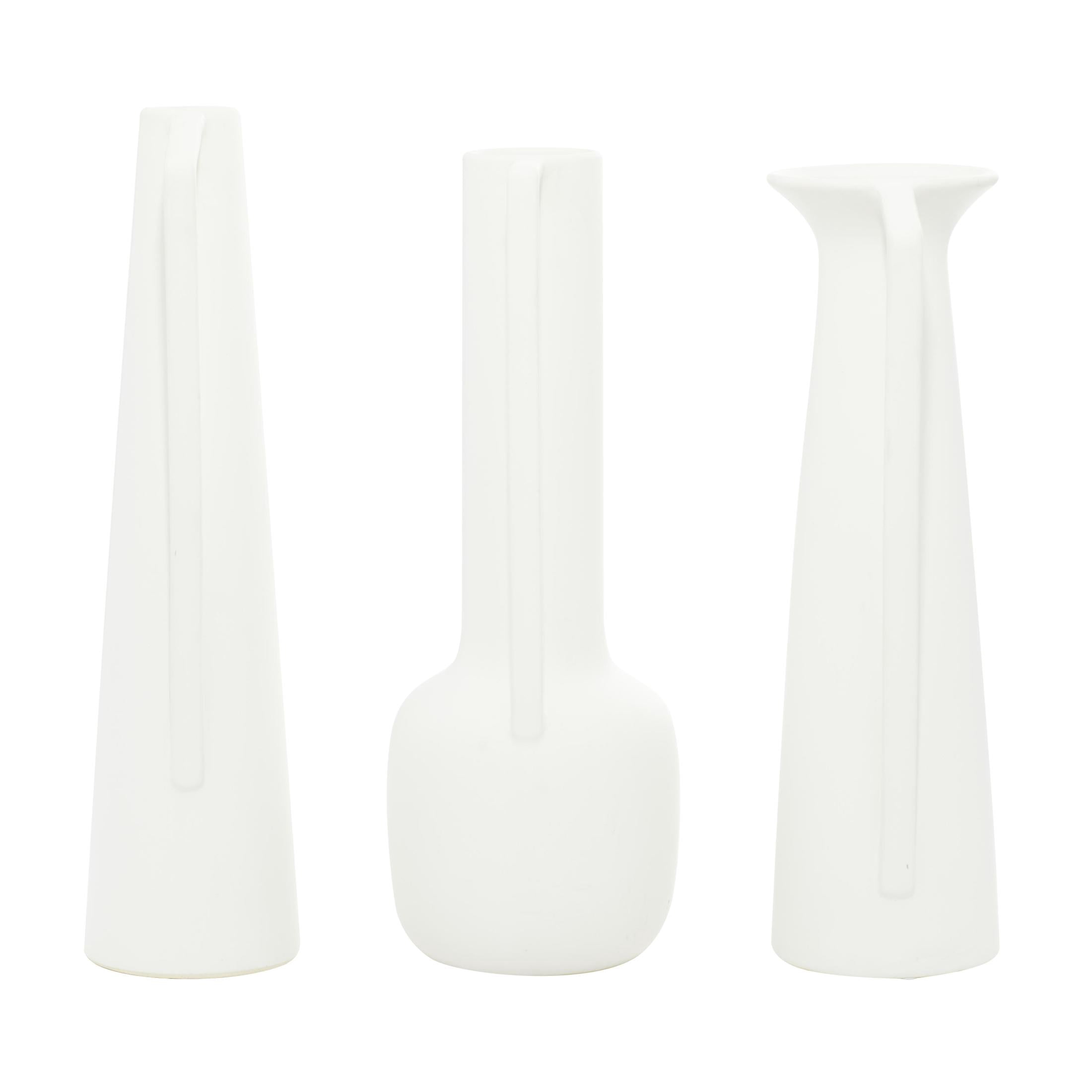 CosmoLiving by Cosmopolitan 17", 16", 16"H White Ceramic Vase with Sleek Handles, Set of 3