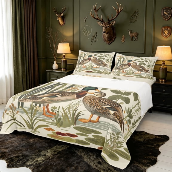 Manfei Wild Duck Print Bed Sheets,Farmhouse Mallard Full Size Sheets,4-Piece,1 Flat Sheet,1 Fitted Sheet and 2 Pillowcases