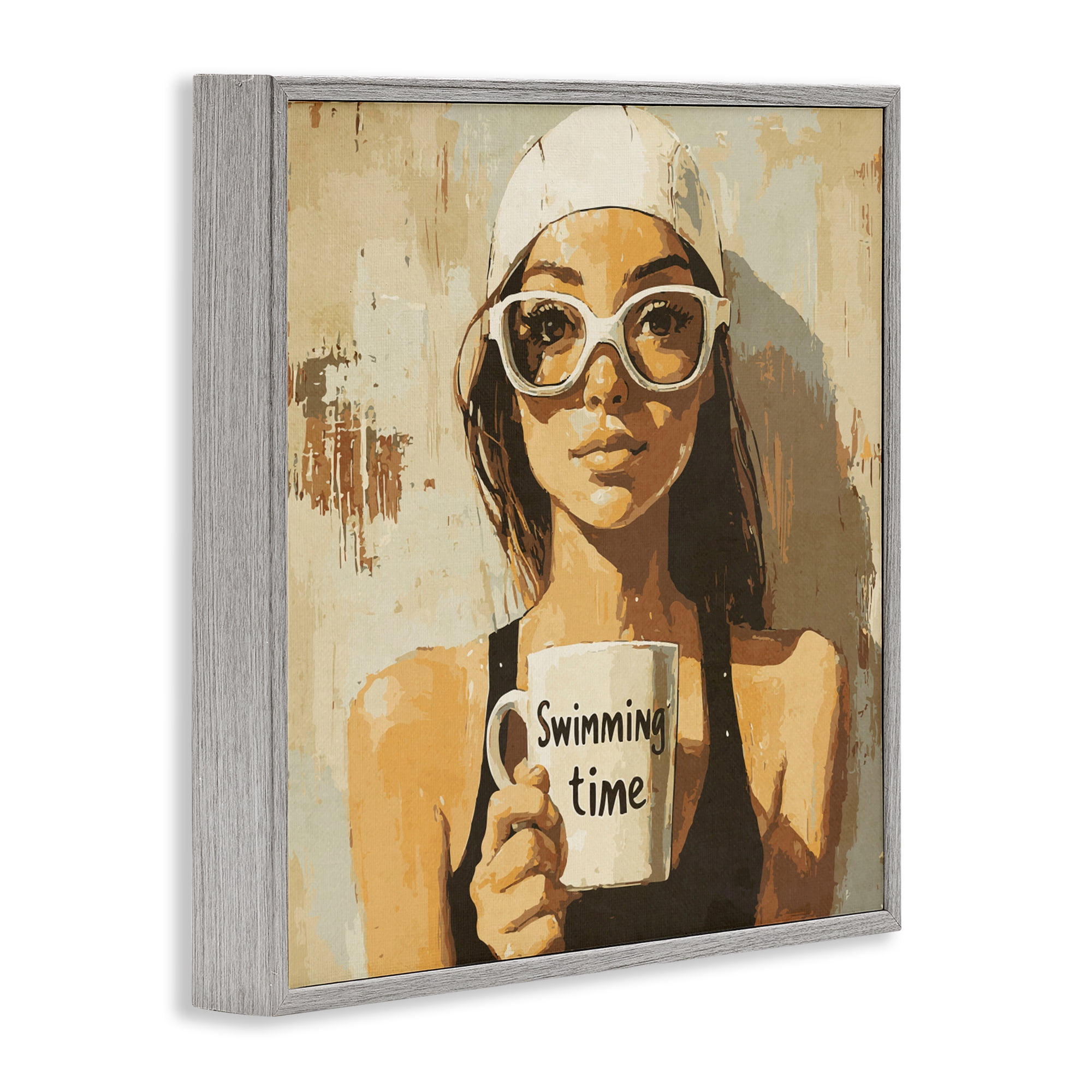 Stupell Industries Swimming Mug Girl Gray Framed Giclee Art, design by Layla Oz