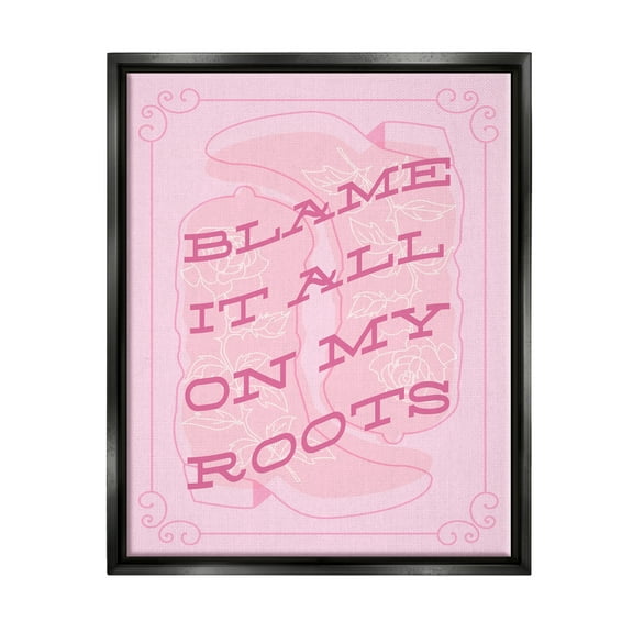 Stupell Industries Blame on My Roots Phrase Typography Painting Black Floater Framed Canvas Art Print Wall Art, 17 x 21
