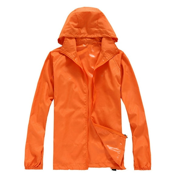 HANXIULIN Women Solid Rain Jacket Outdoor Plus Size Hooded Windproof Loose Coat Water Proof Raglan Storage Bag Orange M