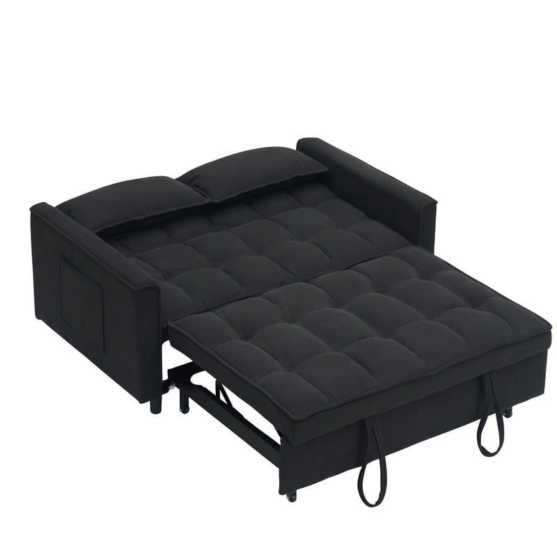 54.3" Corduroy Modular Sectional Sleeper Sofa,Loveseat with Pull Out Bed, Black – Space-Saving Couch for Living Room, Guest Bed, Apartment