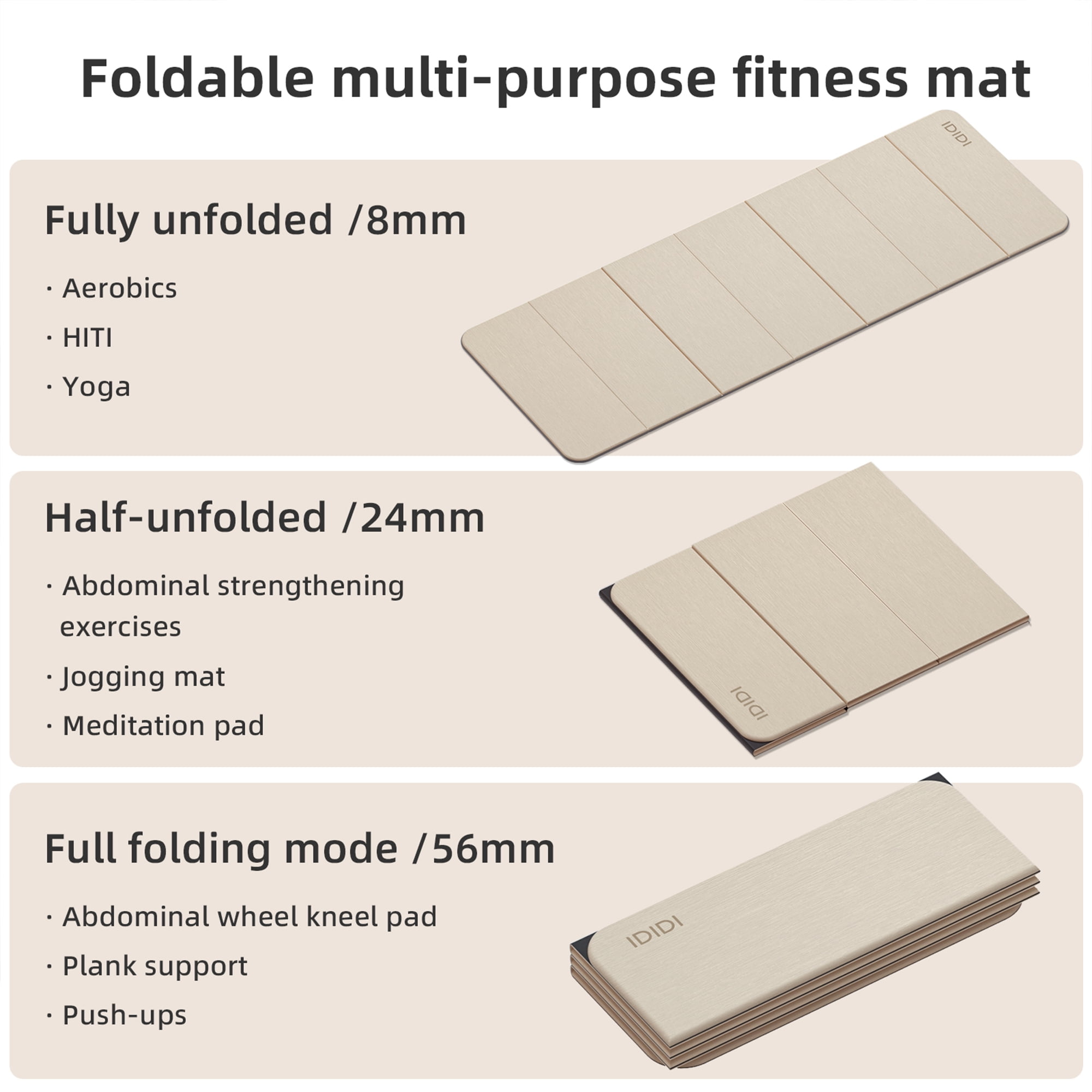 IDIDI 8mm Thick Foldable Yoga Mat - 3-in-1 Folding TPE Non-Slip Mat for All-Level Yoga, Tear-Resistant & Quick-Flat Design, 71x24in (Gray+Black)