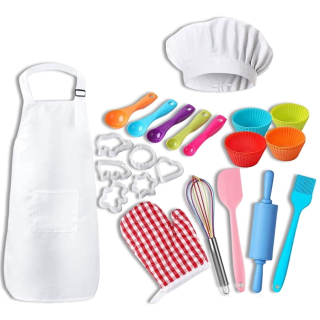 Kit de herramientas para hornear para niños, delantal de chef, sombrero, moldes para galletas, espátula de silicona para pastel, tazas para batir, cucharas, guante para cepillo de aceite, 30 piezas Inevent HA008751-00