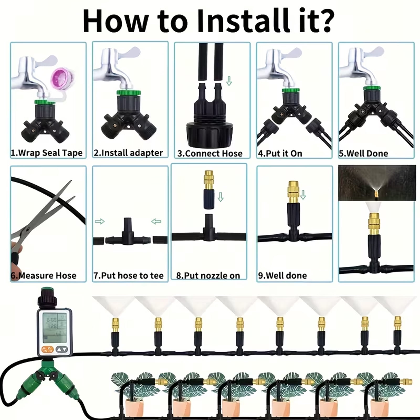 Brass Misting Irrigation Set with 1/4" Adjustable Nozzles,360° Bendable Drip Irrigation Kits for Garden,Greenhouse,Patio Misting,Outdoor Cooling