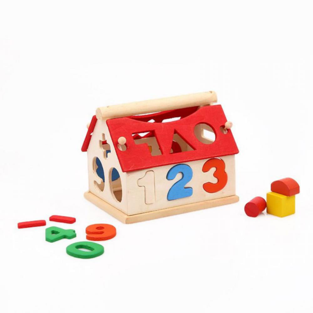 Wooden Number Kids Portable Educational Toy Intellectual Building Block House LA 