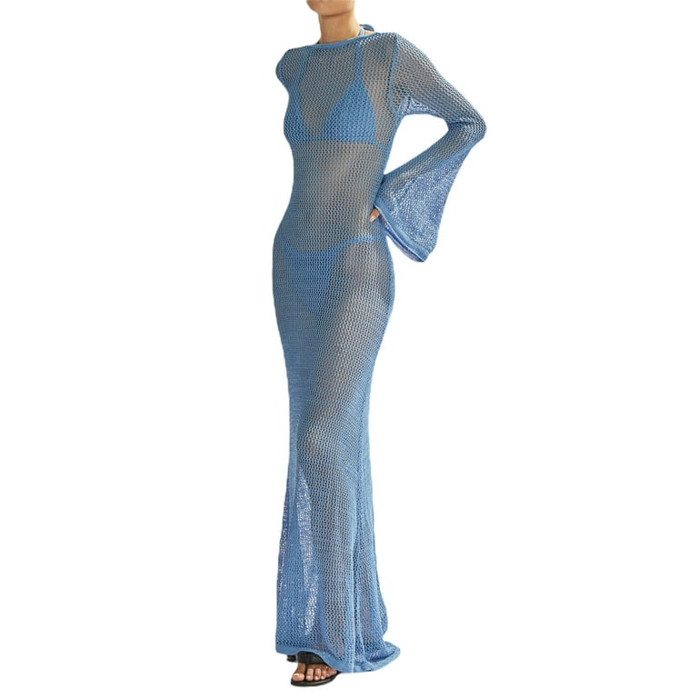 Women Sexy See Through Mesh Sheer Lace Patchwork Maxi Dress Perspective  Ruffle Backless Long Dress Split Beach Party Wear Purple - Walmart.com