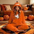 thumbnail image 6 of Matching Halloween Pumpkin Onesie Costume for Couple, Flannel Hooded Pumpkin Pajamas with Flying Ghost and Broom Print, Halloween Pajamas for Adults, Oversized Jumpsuit Loungewear for Trick or Treat, 6 of 9