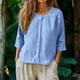 thumbnail image 1 of TaTaai 2026 Spring Women’s Button Front Round Neck Tee 3/4 Sleeve Loose Blouse Casual Solid Color Fashion Top Linen Texture Soft Daily Shirt Gift, 1 of 6