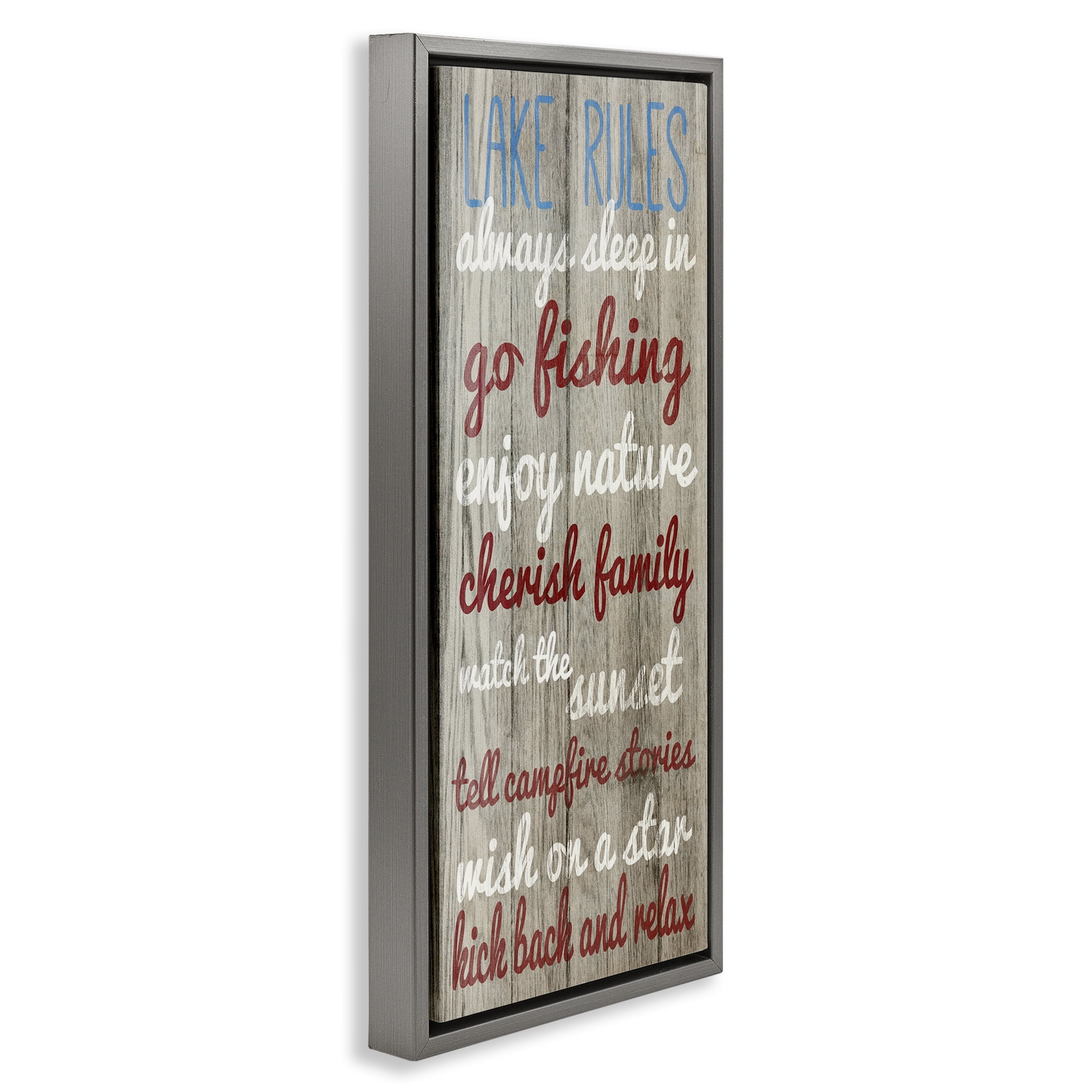Stupell Industries Rustic Lake Rules Typography Painting Gray Floater Framed Canvas Art Print Wall Art, 11 x 25