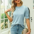 thumbnail image 2 of Women Puff Short Sleeve Tops Spring Summer Fashion Round Neck Women Casual Short Sleeve Blouse Tops Light Blue S, 2 of 5