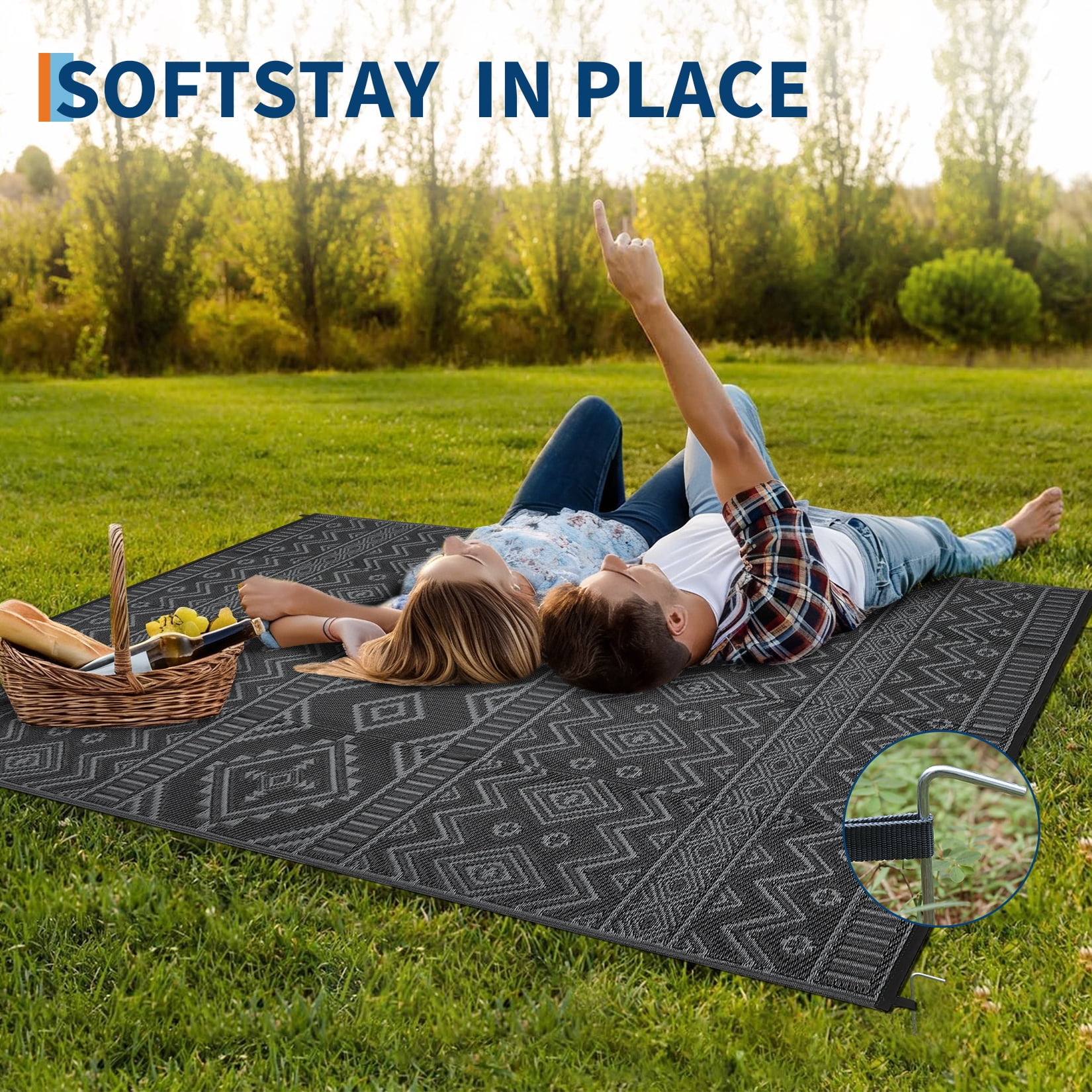 HIWEAVER 8' x 10' Black/Gray Outdoor Rug PP Plastic Straw Woven Waterproof Patio Rug with Border Portable Outside Carpet for Balcony Deck Picnic Garden Decor