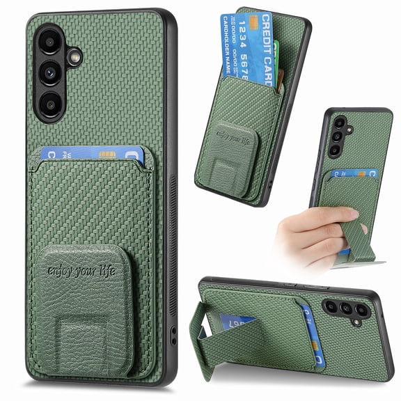 Case for Samsung Galaxy S25 FE with Hidden Kickstand, Carbon Fiber Texture Wallet Case with Card Holder for Galaxy S25 FE Magnetic Car Mount Shockproof Military Grade Protection Cover, Green