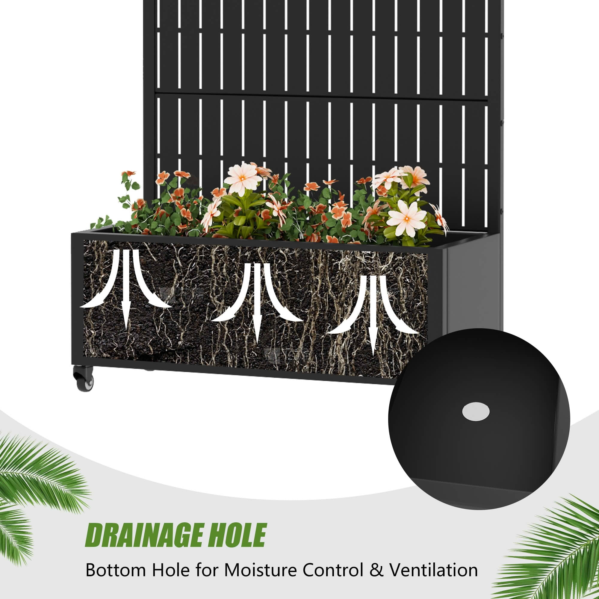 MAYEERTY 72X35" Metal Outdoor Black Privacy Screen with Planter Box for Backyard & Garden, 5 Piece Set, Double‑sided Installation