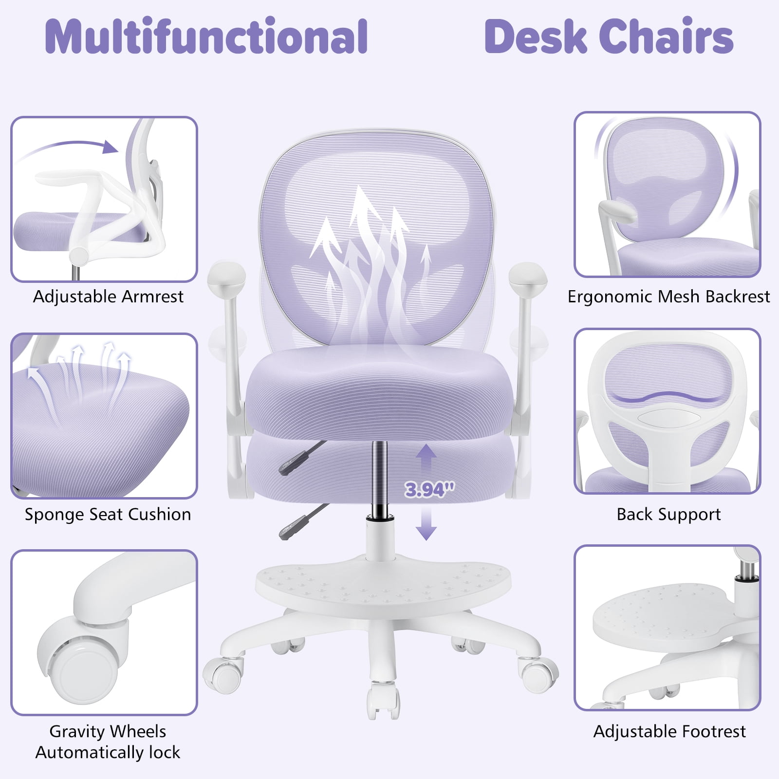 Hoffree Kids Desk Chair with Flipped Arms Wheels Ergonomic Study Chair with Footrest Adjustable Height Rolling Desk Chair for Teens Boys Girls in Study Room Purple