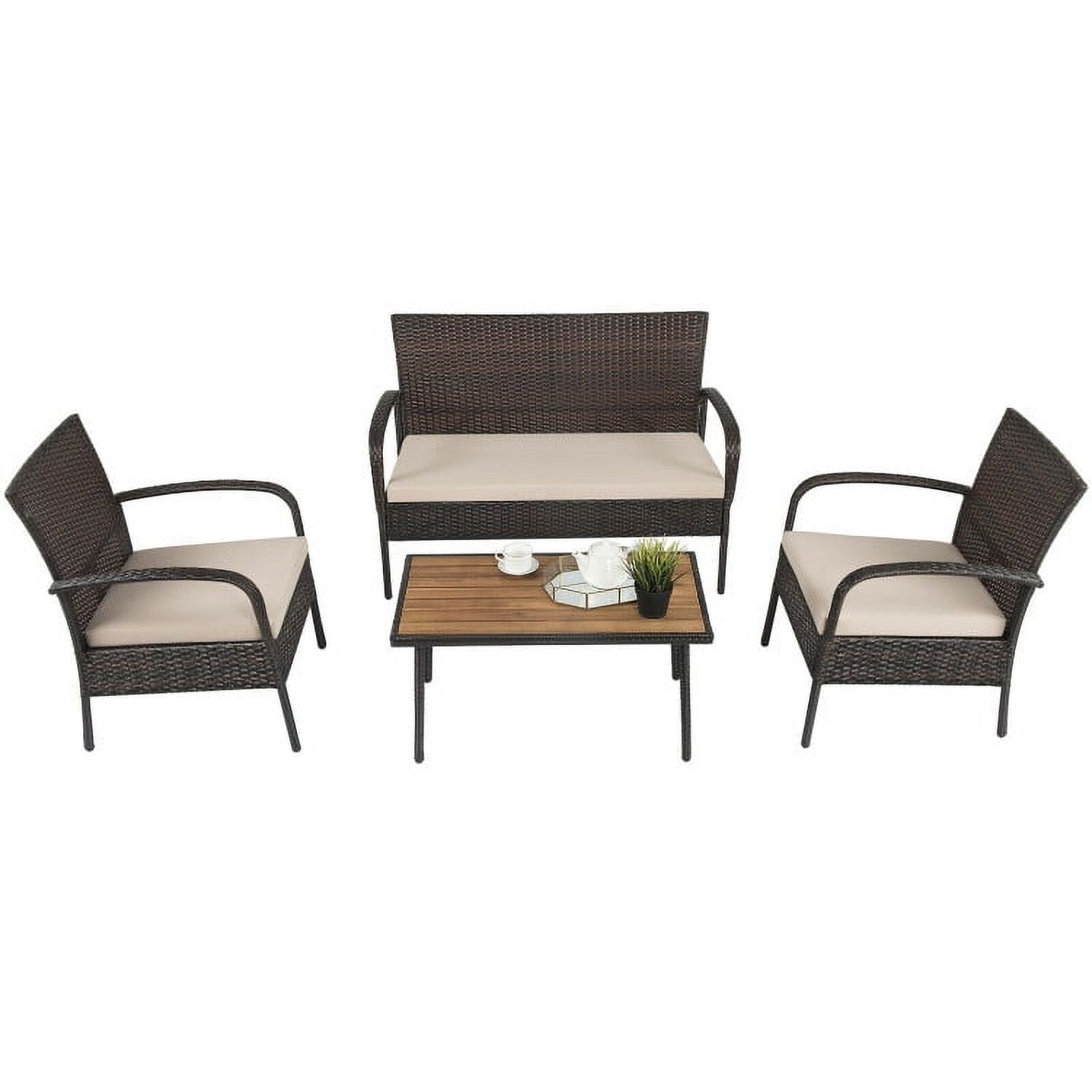 Aimee Lii 4 Pieces Patio Cushioned Wicker Conversation Set, Outdoor Sectional Set with Acacia Wood Tabletop