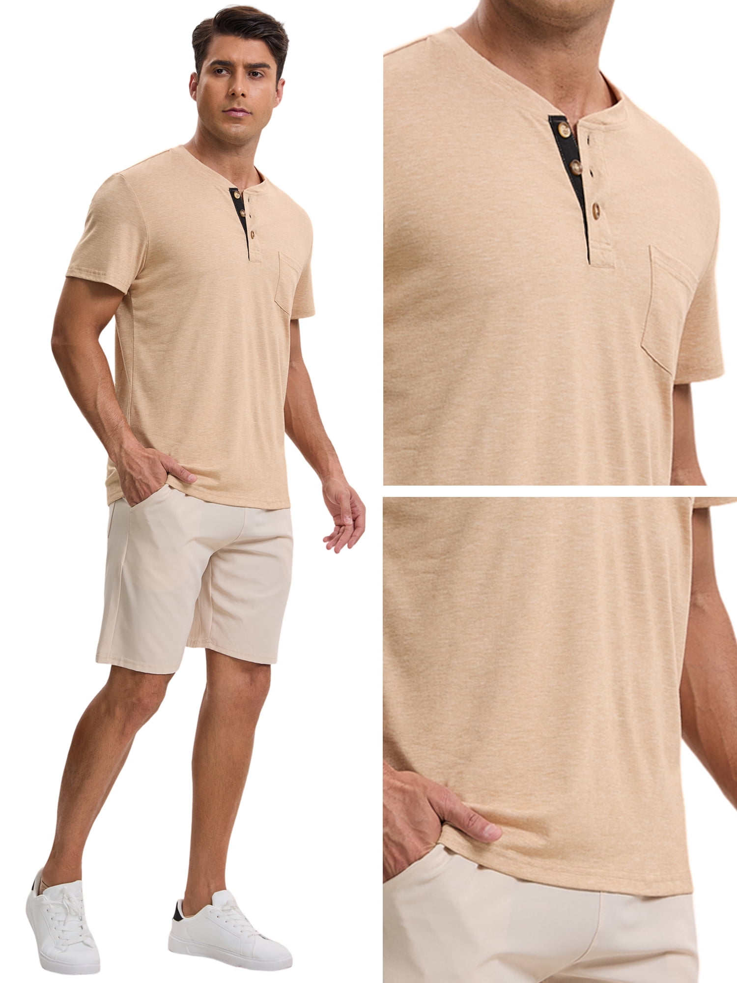 DARING DIVA Men's Casual Summer Short Sleeves Button Henley Basic Tee 2XL Khaki