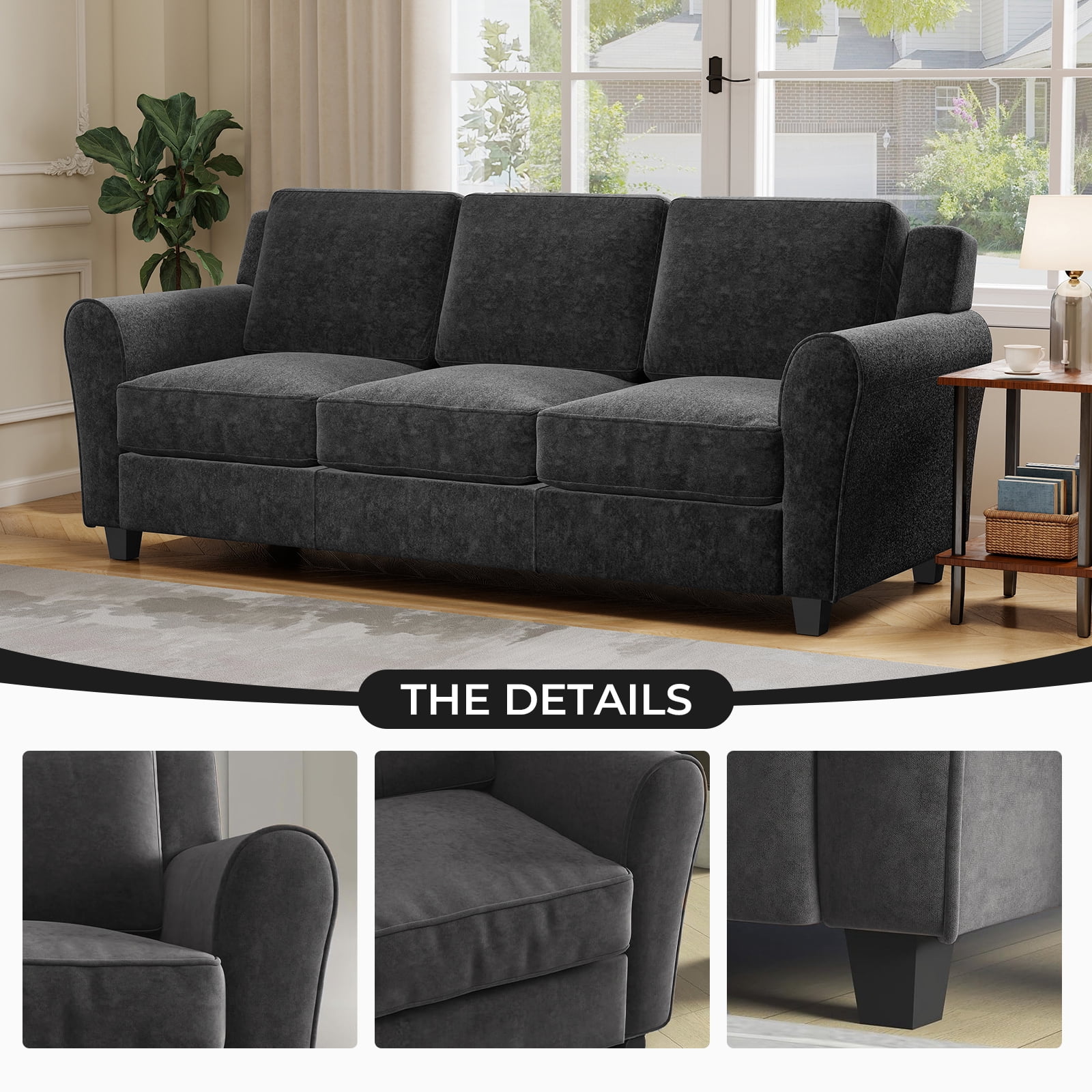 Ebello Modern Sofa Couch, 3-Seater Upholstered Couches with Thick Cushions for Living Room and Bedroom, Black