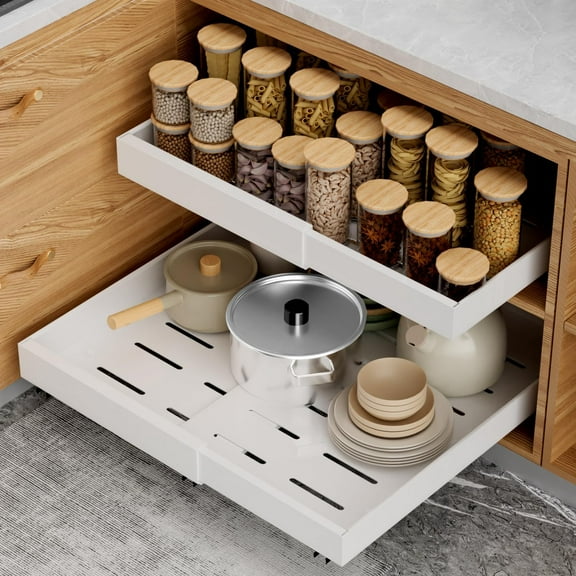 2 Pack Pull Out Cabinet Organizer 21 inch Deep,Expandable Pull out Drawers for Cabinets Adhesive with Film, No Drill Slide Out Drawers for Kitchen Cabinets