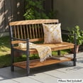 thumbnail image 2 of GZXS 51-Inch Acacia Wood Bench with Storage Shelf, Rustic Farmhouse Accent Seating with Hand-Carved Details, Teak with Black Arms, Easy Assembly, 2 of 10