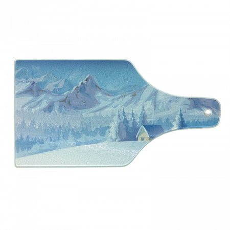 

Winter Cutting Board Little House Below the Majestic Mountains in the Winter Ice Blizzard Frozen Cold Weather Tempered Glass Cutting and Serving Board Wine Bottle Shape Blue by Ambesonne