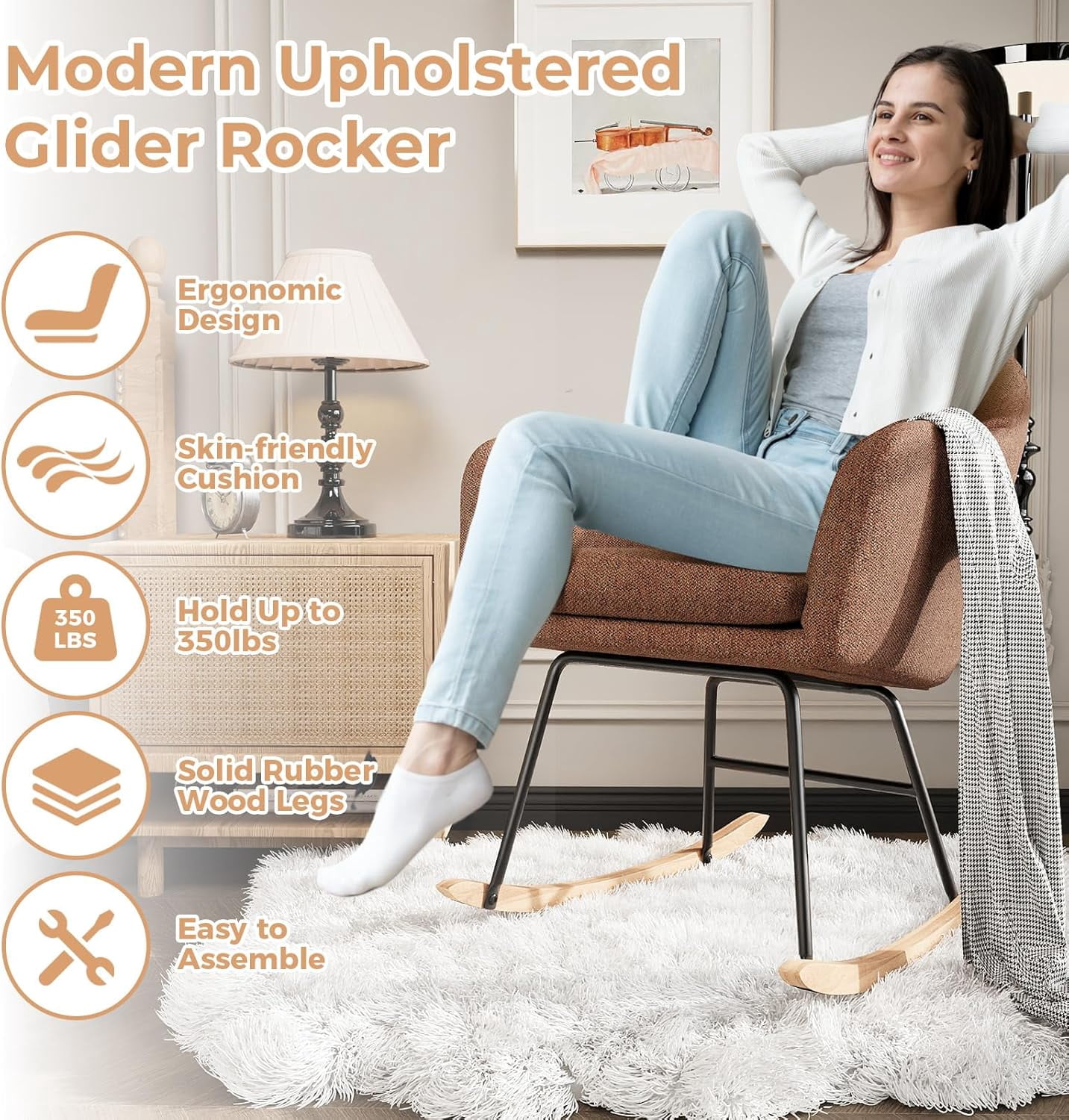 Plush Upholstered Rocking Chair – Soft Glider Nursery Chair with Premium Cushions, Sturdy Rubberwood Legs & Smooth Rocking Motion, Supports 330lbs – Cozy Accent Chair for Living Room, Bedroom & Baby N