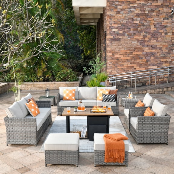 Vcatnet Outdoor Conversation Set 13 Pieces Sectional Sofa with 46" Fire Pit All Weather Wicker Patio Furniture Set with Ottoman for Garden,Backyard,Coarse Beige