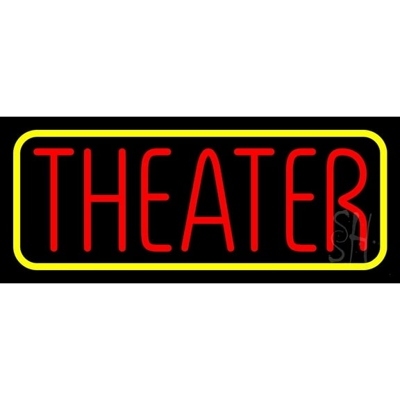 Red Theater Yellow Border LED Neon Sign 10" Tall x 24" Wide - inches Black Square Cut Acrylic Backing, with Dimmer - Premium built indoor Sign for Theater.