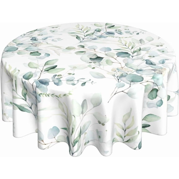 Spring Tablecloth Round 70 Inch Sage Green Leaf Floral Table Cloth,Stain Resistance Polyester Summer Eucalyptus Branch Leaves Table Covers for Kitchen Dining,Small Tablecloth for Party Picnic