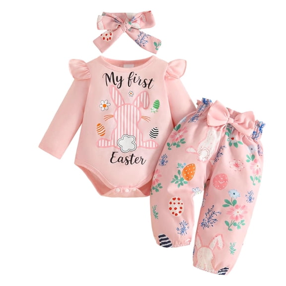 RMGVDSD Baby Girl Easter Outfit Newborn Clothes Long Sleeve Bunny Letter Romper Cartoon Print Pants With Headbands 3Pcs Outfits Stylish Girl Outfits