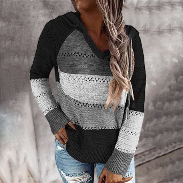 Mode Femmes Décontracté Patchwork Col en V Manches Longues Chandail à Capuche Blouse Tops