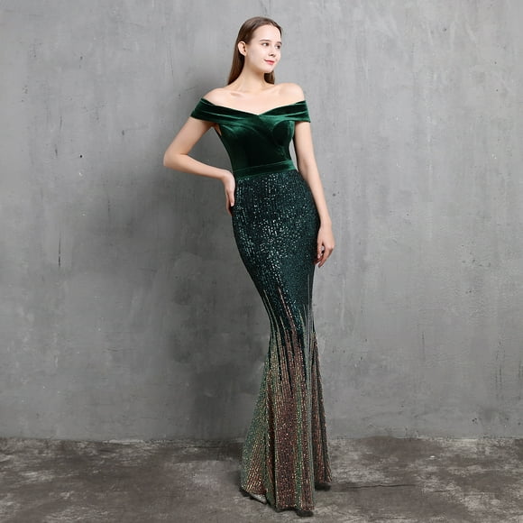 Classic off-shoulder fishtail evening dress women's elegant banquet annual meeting temperament velvet aura Queen