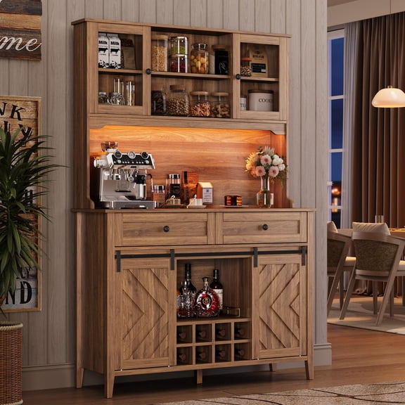 TROPOW 72" Farmhosue Bar Cabinet with Sliding Barn Door, Large Kitchen Buffet with Hutch Wine with Charging Station, 2 Drawers, 8 Storage Shelves, LED Rustic Coffee Bar for Dining
