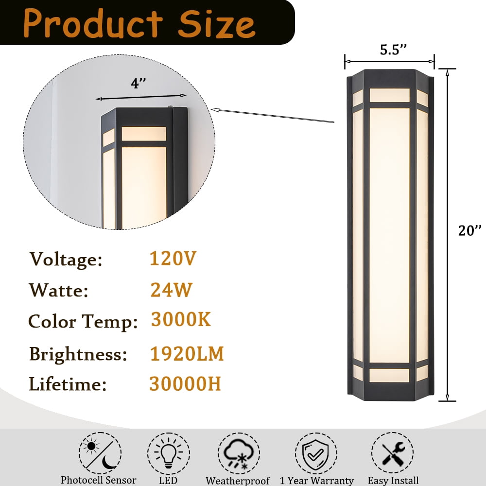 H20" Modern Craftsman Style Exterior Wall Sconce in Black with Frosted Acrylic Shade 24W Integrated LED Outdoor Wall Light with Dusk to Dawn Sensor for Garage Patio