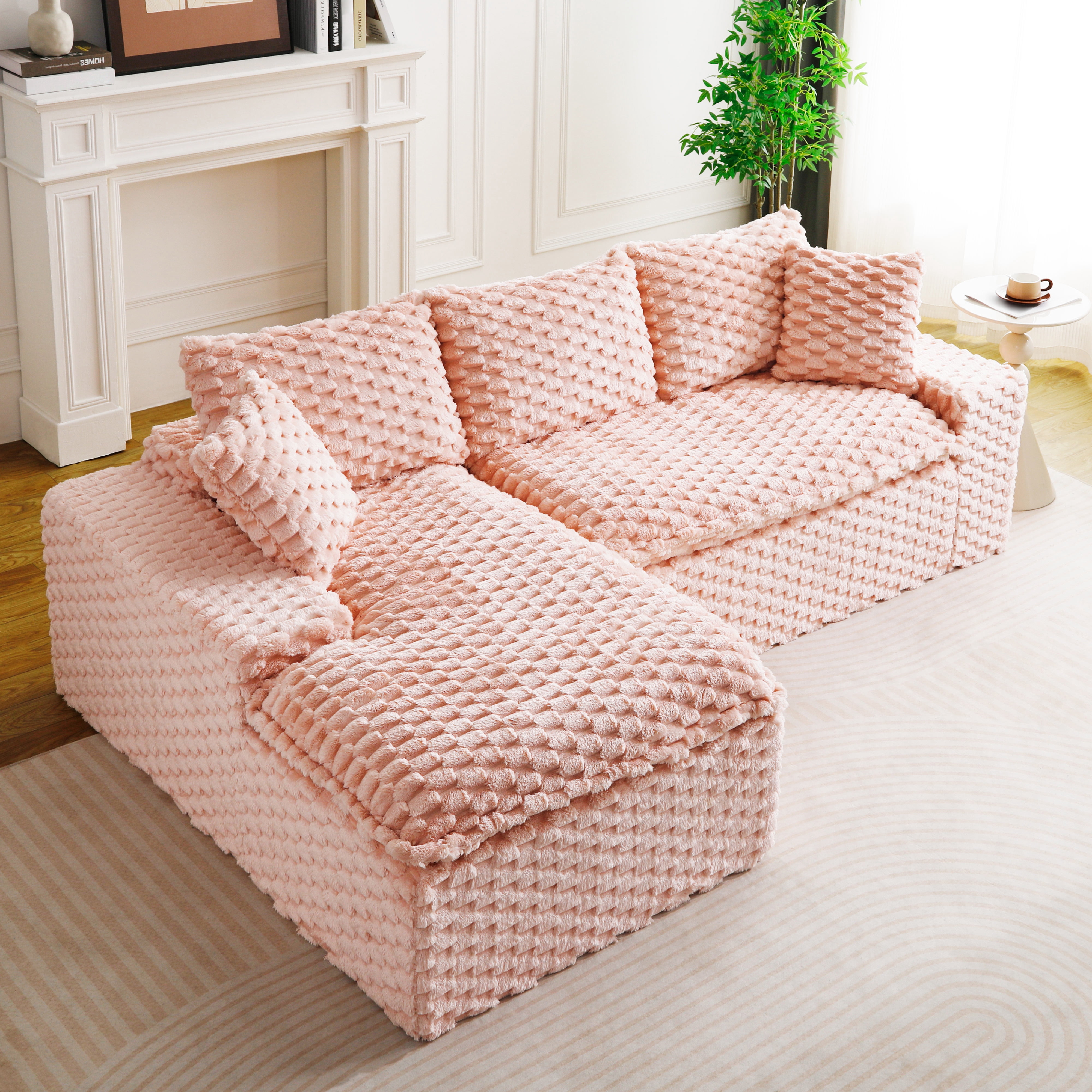 HOQBN 96"W Modular Sectional Sofa,L Shape Modern Corduroy Cloud Couch,Upholstered Deep Seat Boneless Sofa Couch with Left Chaise Lounge for Living Rooms,No Assembly Required,Pink