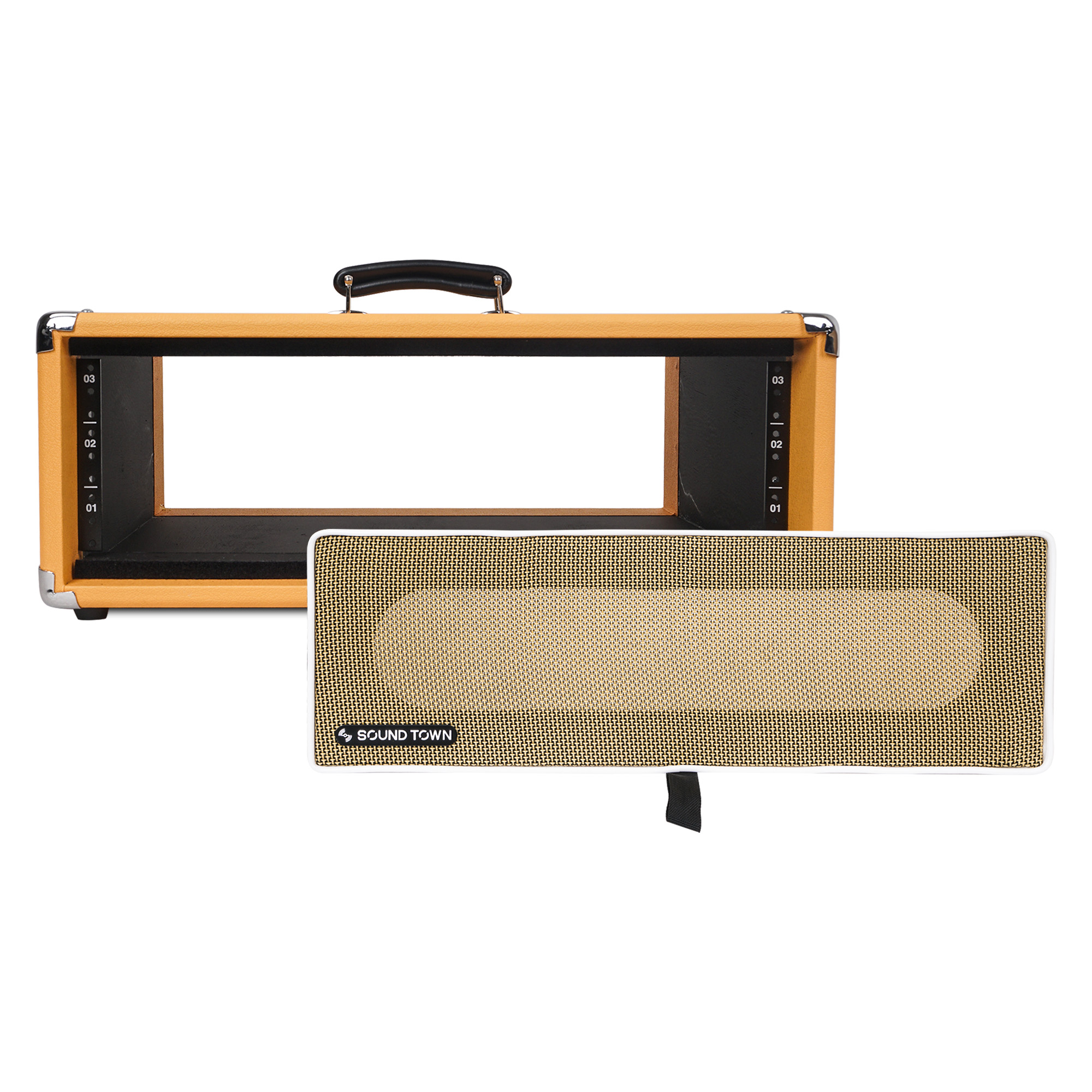 Sound Town Vintage 3U Amp Rack Case, 12.5" Depth with Rubber Feet, Dust Cover, Kickstand, Orange (STVRC-3OR)