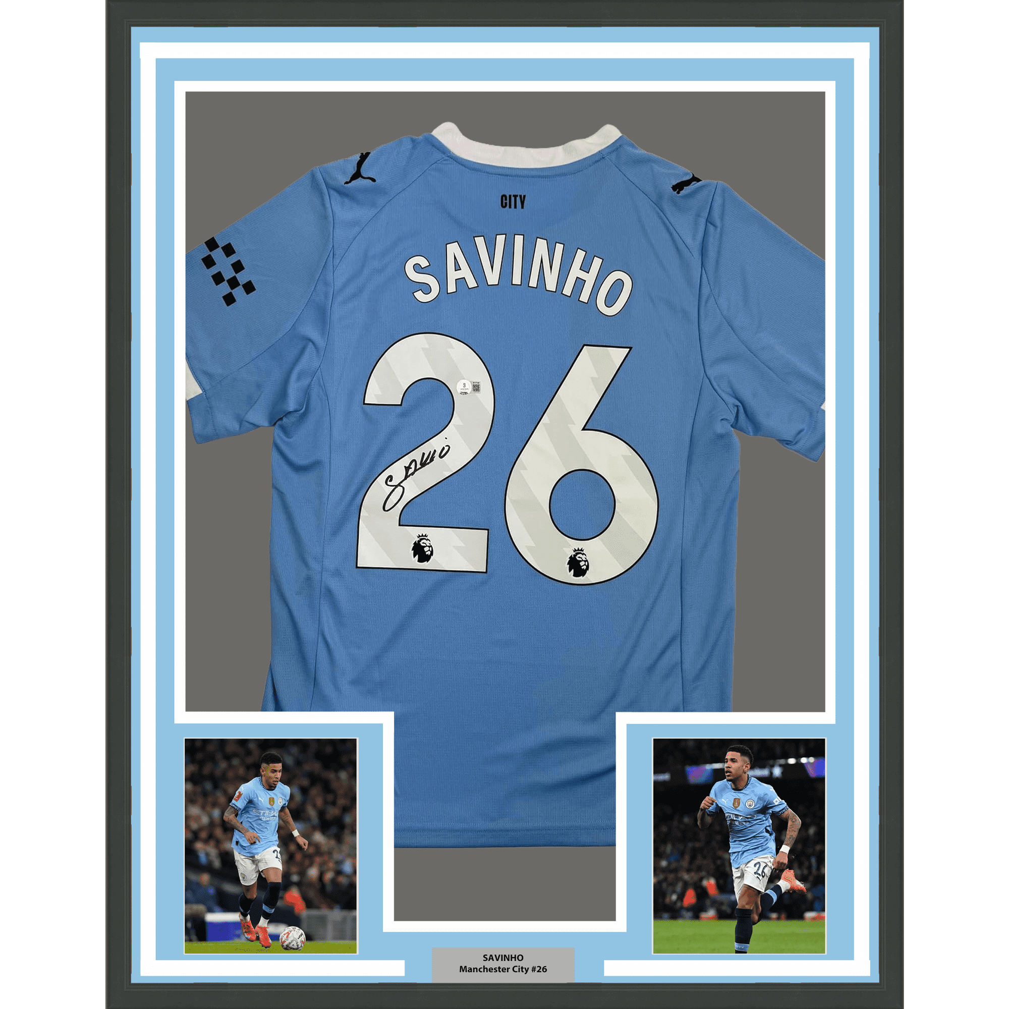 Framed Autographed/Signed Savinho 35x39 Manchester City Blue Soccer Futbol Jersey Beckett BAS COA