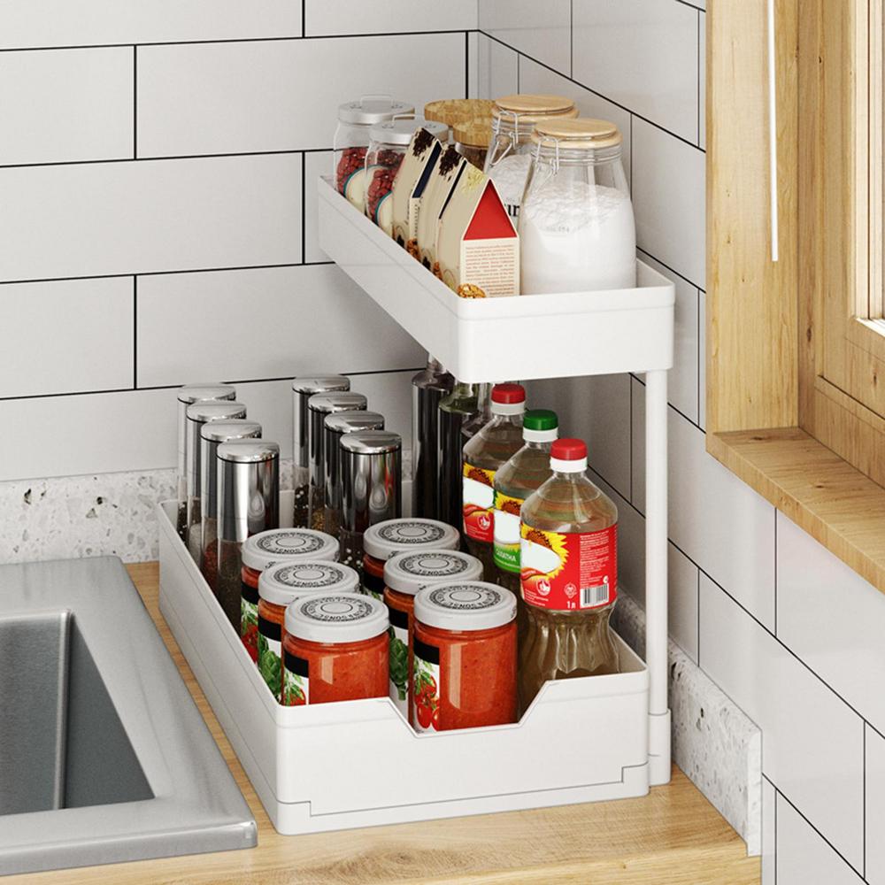 Tohuu Under Sink Organizer 2 Tier Bathroom Sink Organizer Under Cabinet  Storage for Bathroom Kitchen Multi-Purpose Metal Organizers and Storage  with Hooks justifiable 