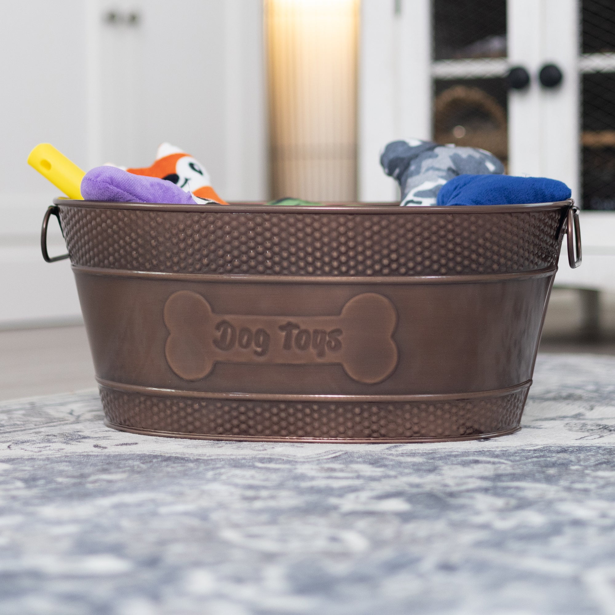BREKX Metal Indestructible Dog Toy Bin, Antique Copper Oval, 18"L x 13"W x 7.5"H