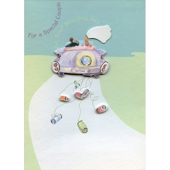 Designer Greetings Just Married Car with Tip On Car, Veil and Cans 3D Hand Decorated Designer Boutique Keepsake Wedding Congratulations Card