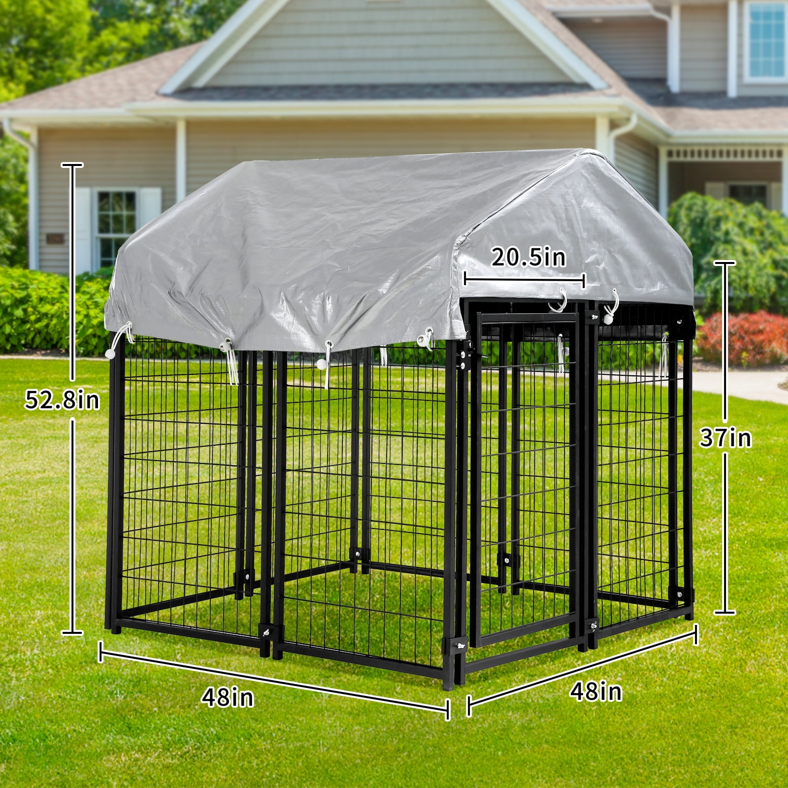 Dkelincs 4'x4'x4.4' Heavy Duty Large Dog Kennel Metal Dog Cage Crate Outdoor Pet Playpen with UV Cover, Black
