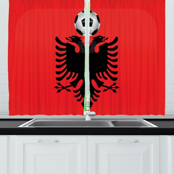 Albania Kitchen Curtains, Soccer Ball on Country Flag with Double Headed Hawk National Emblem, Two Panels Drapes with Rod Pocket Room Decor, 55" X 45", Vermilion Charcoal Grey, by Ambesonne