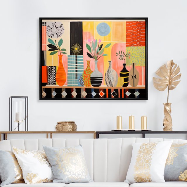 Designart Abstract Midcentury framed wall art decor, Midcentury framed wall art, Vintage Textiles Mid Century framed wall art I , Extra large Mid-Century Modern black framed wall art, black frame
