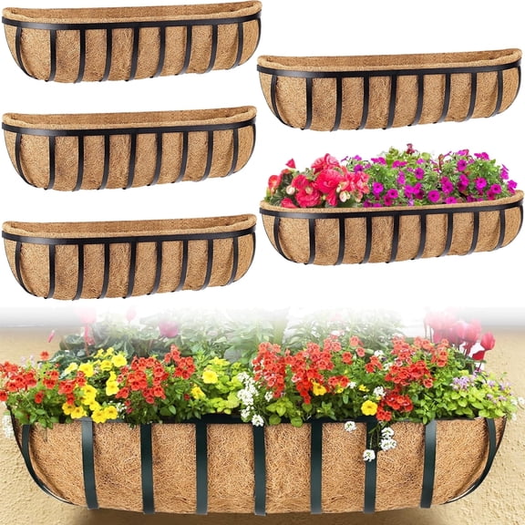 5 Pack 24 inch Half Moon Coconut Coir Planter for Window Box/Hanging Trough Planter, Garden Flower Vegetables Pot, Fence Flower Baskets