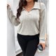 thumbnail image 5 of Suéter de Punto Informal de Talla Grande para Mujer, Cuello en V, Solapa, Color Liso, Camisa de Larga. Albaricoque XXXL, 5 of 8