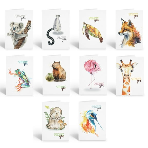 Stonehouse Collection Animal Note Cards, Watercolor Animal Designs | 10 Assorted