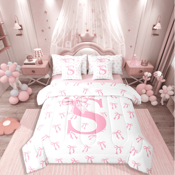 Castle Fairy Bowknot Alphabet S 7-Piece Twin Bedding Sets for Teens,Dreamy Princess Bedding Comforter Set,Kawaii Bow Breathable Sheet Sets,Breathable Home Decor