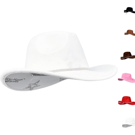 Kids Hat Sparkle Rhinestone Star Cowboy Hat, Wide Brim Western Cowgirl Hat, Soft Felt Party Costume Hat for Birthday Party Dress Up White
