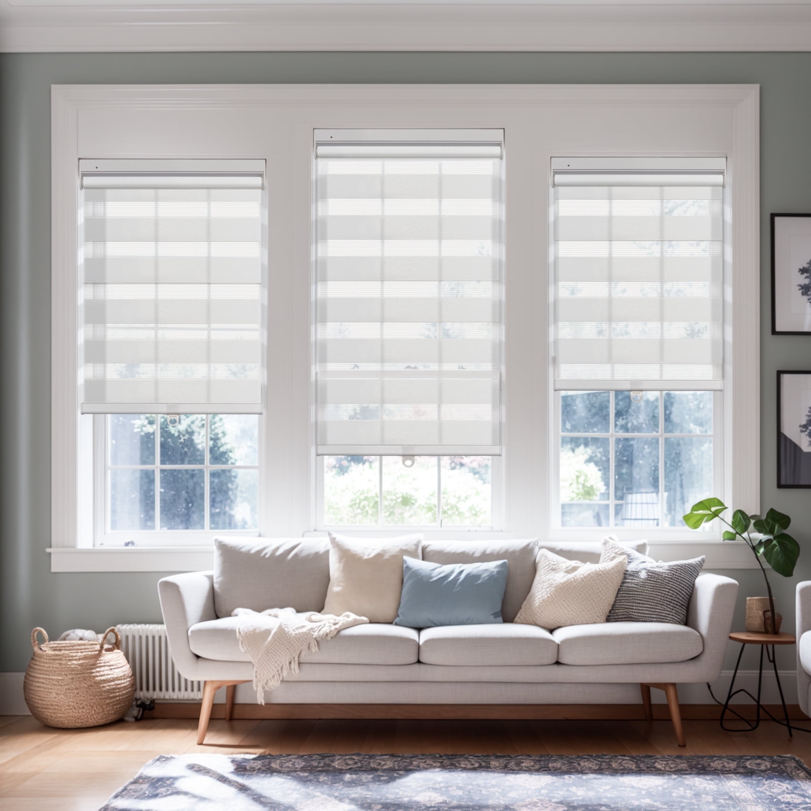 Keego No Tools No Drill Cordless Zebra Roller Blinds Light Filtering Dual Layer Roller Shades Privacy Zebra Windows Shades Zebra Blinds for Windows - White, 20"W x 32"H
